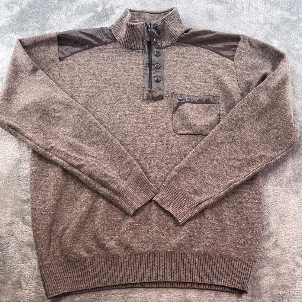 True Rock Mens XL Brown Marl Quarter Zip Sweater Faux Leather Trim Mock Neck